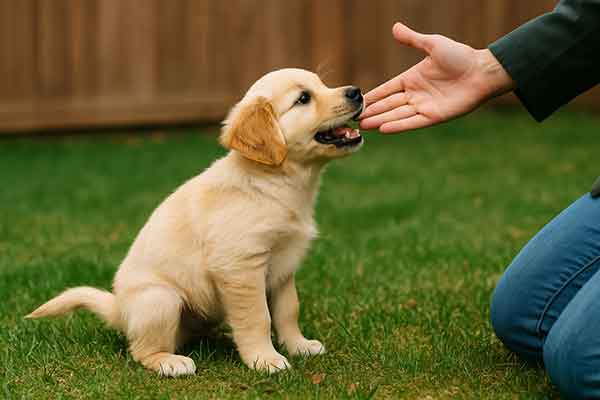 A puppy is praised by his owner after successfully going to the toilet outside