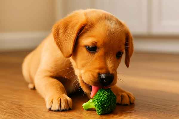 A puppy licks a piece of cooked broccoli