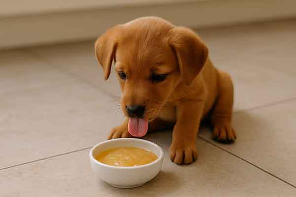 A puppy licks a small bowl of applesauce