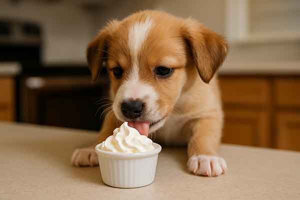 A puppy licks a small cup of cream
