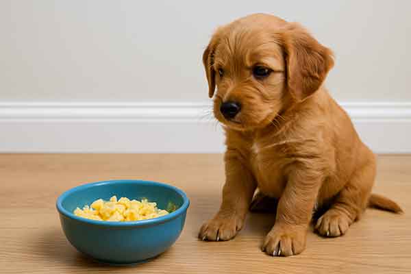 A puppy looking at a bowl of scrambled eggs