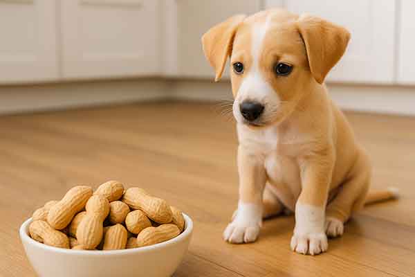 A puppy stares at a bowl of shelled peanuts
