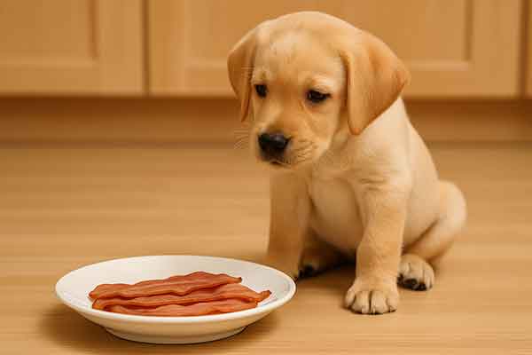 A puppy stares at the turkey bacon on the plate