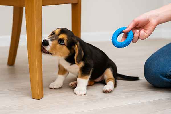 A puppy tries to chew on a wooden table leg