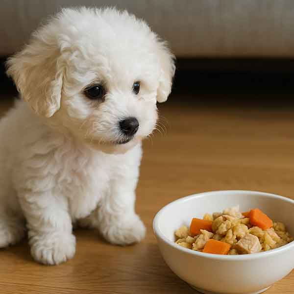 Bichon Frise puppy staring at a bowl of home cooked food