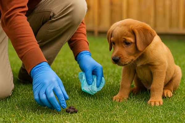 Owner uses gloves to clean puppy excrement