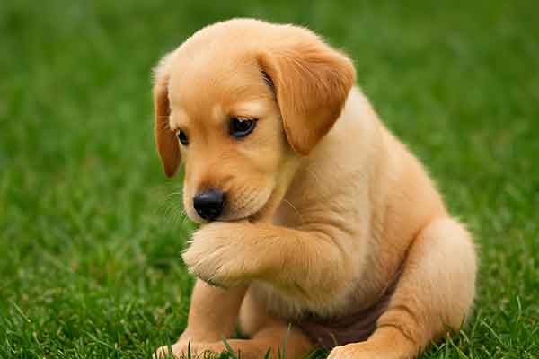 Puppy sitting on the grass biting its front paw