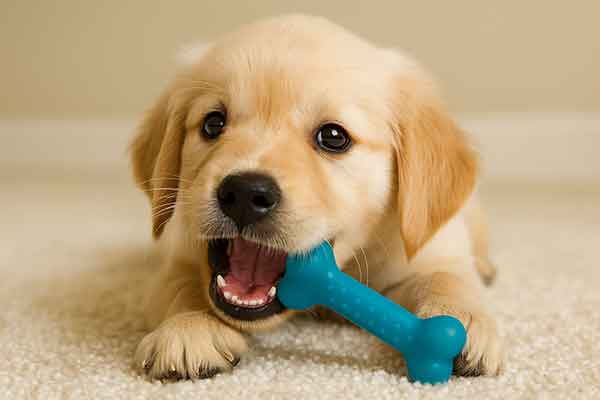 A puppy chewing gum